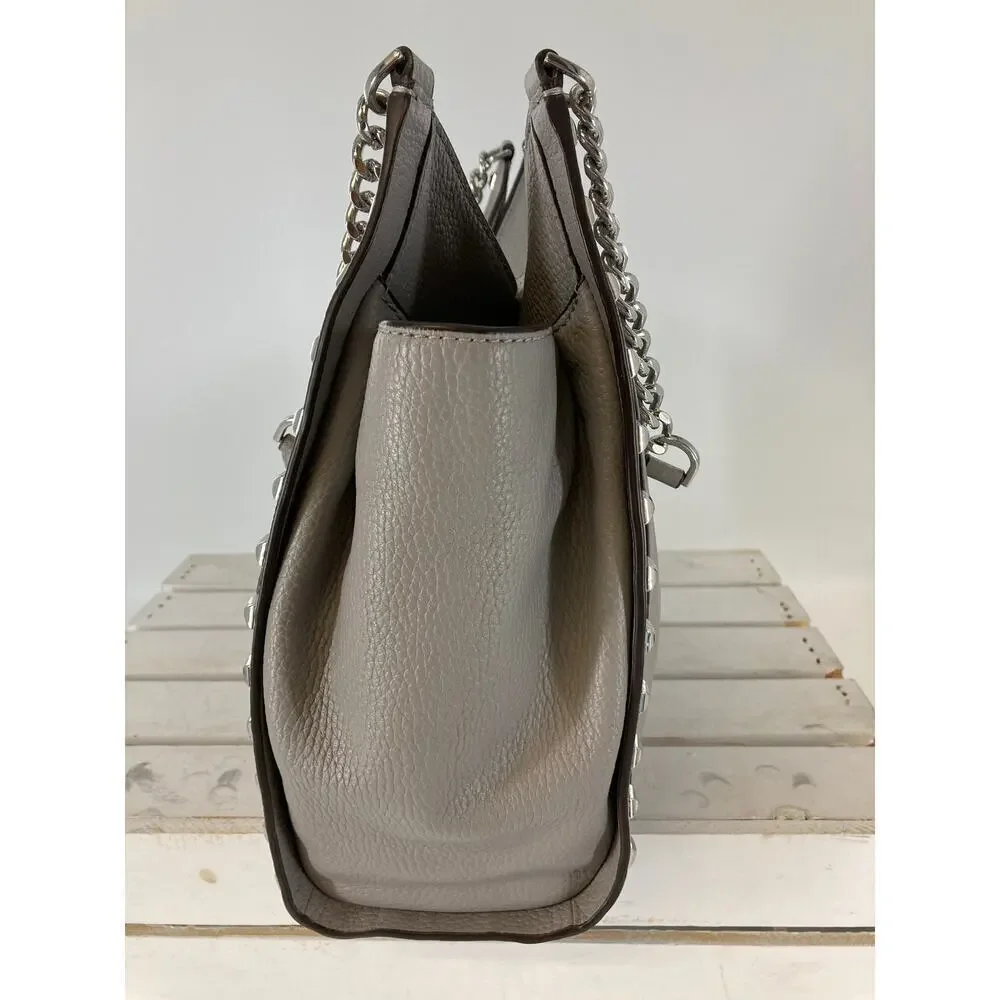 MICHAEL KORS LARGE GRAY PEBBLED LEATHER STUDED SHOULDER BAG